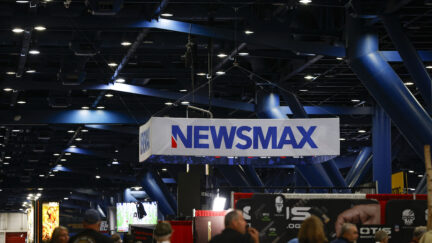 View of the Newsmax logo during NRA event