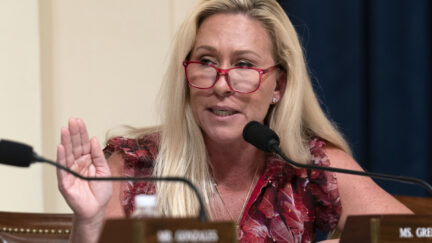 Rep. Marjorie Taylor Greene, R-Ga., questions Homeland Security Secretary Alejandro Mayorkas during the hearing on 