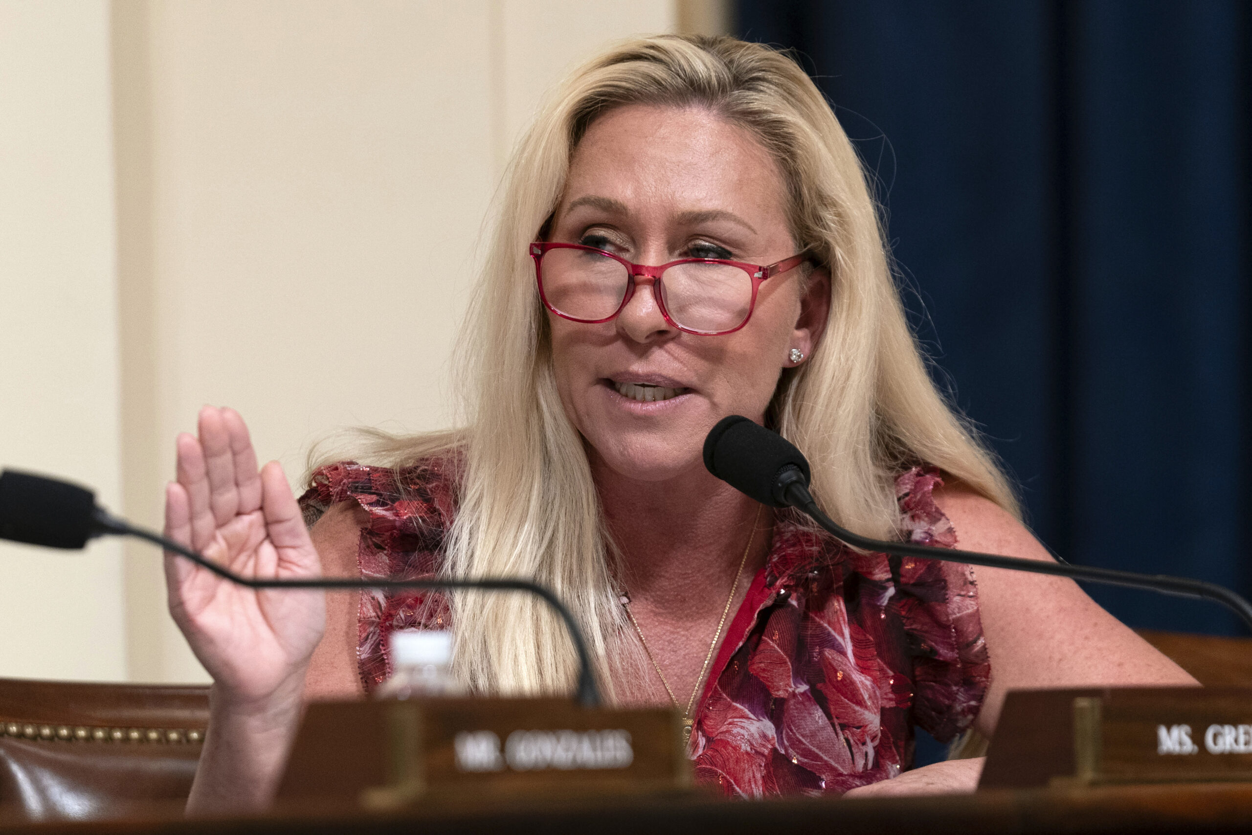 Rep. Marjorie Taylor Greene, R-Ga., questions Homeland Security Secretary Alejandro Mayorkas during the hearing on "A Review of the Fiscal Year 2025 Budget Request for the Department of Homeland Security" on Capitol Hill in Washington, Tuesday, April 16, 2024.