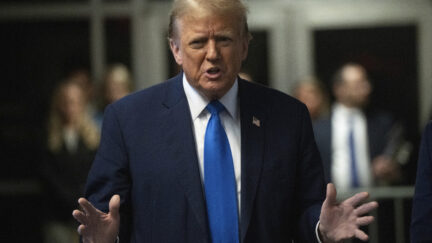 Former president Donald Trump speaks to the media after the first day of opening arguments in his trial at Manhattan Criminal Court for falsifying documents related to hush money payments, in New York, NY, on Monday, April 22, 2024. The former President is expected to spend the next 6 or so weeks in attendance at his trial for falsification of business records, to cover up payments to Stormy Daniels, an adult film star who allegedly had an encounter with the President before he was in office.