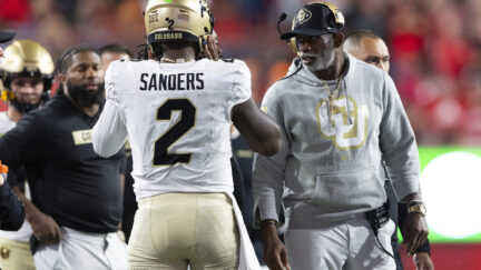 Colorado football coach Deion Sanders and his son Shedeur Sanders